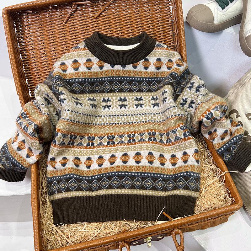 Boys' Thick Fleece-Lined Sweater: Winter 2025, Round Neck, Double-Layer Knit, Kids' Cardigan