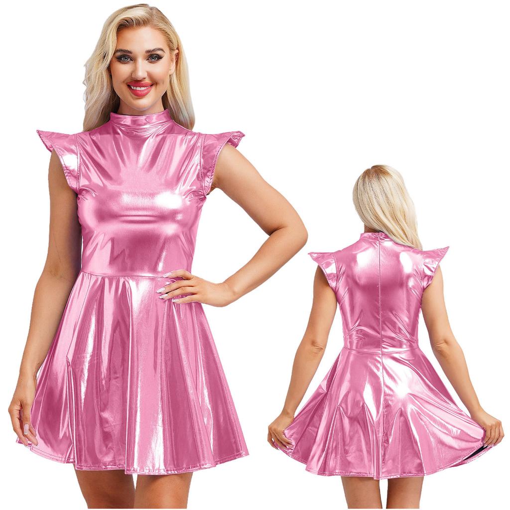 Women's Halloween Party Dress - Shiny Metallic A-line with Mock Neck & Cap Sleeves Fashion Bar Club Wear