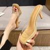 Women Summer New One Word Transparent Female Head High Heels Water Diamond Dew Toes Thin Heels External Slippers Zapatos Mujer