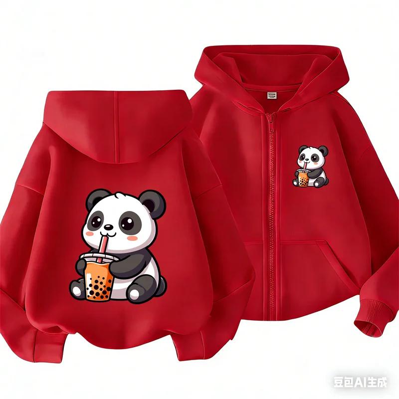Boba Milk Tea Panda Front Back Cartoon Print Zip Up Hoodie For Kids Long Sleeve Lovely Animal Casual Daily Outerwear