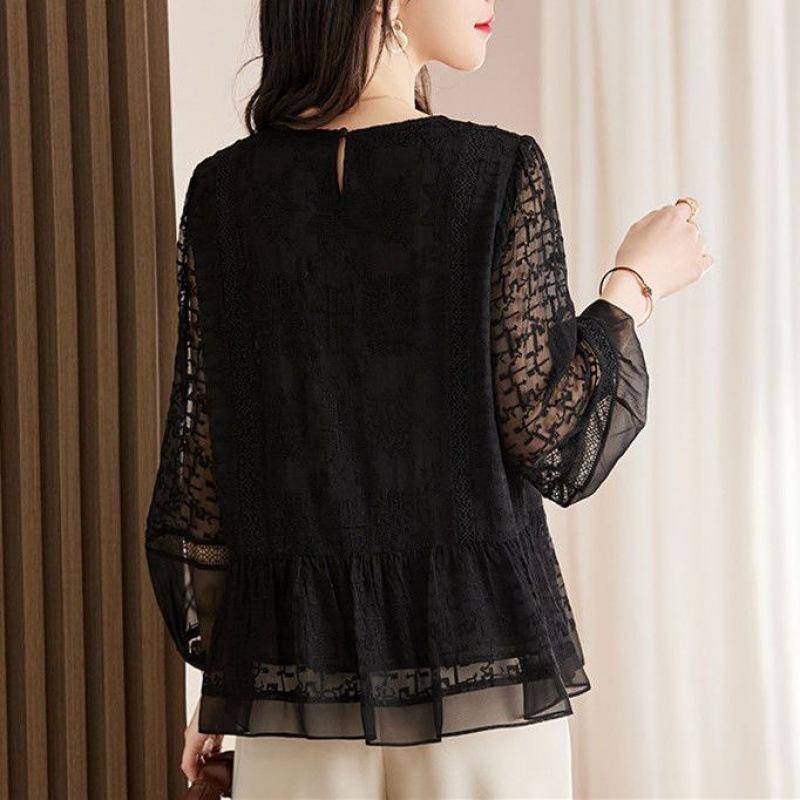 Женская одежда Стильная рубашка с вышивкой Повседневная свободная рубашка Рукав три четверти Весна Для работы Однотонная Блузка на все случаи жизни