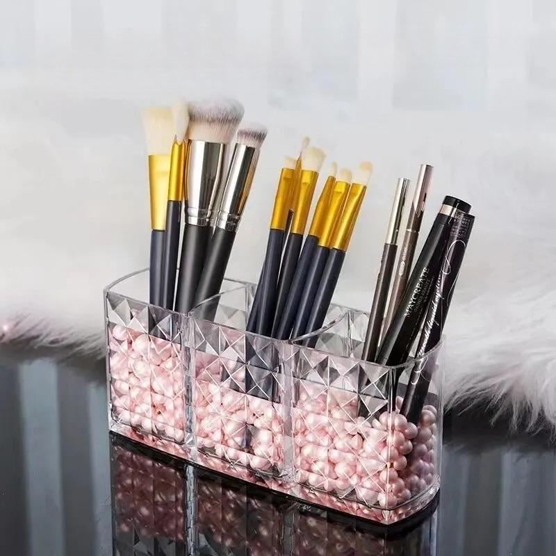 Cosmetics Storage Box Storage Tube Three Grid Pen Holder Transparent Acrylic Eyebrow Pencil Makeup Brush Storage Box