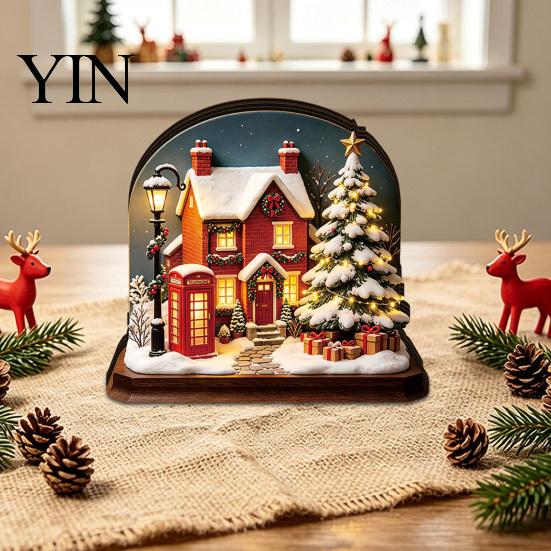 Christmas Tree Decor Glowing House Ornament, LED Wooden Tabletop for Party Hanging Ornaments Holiday Village Display, Light Up Supplies Ornament Sets