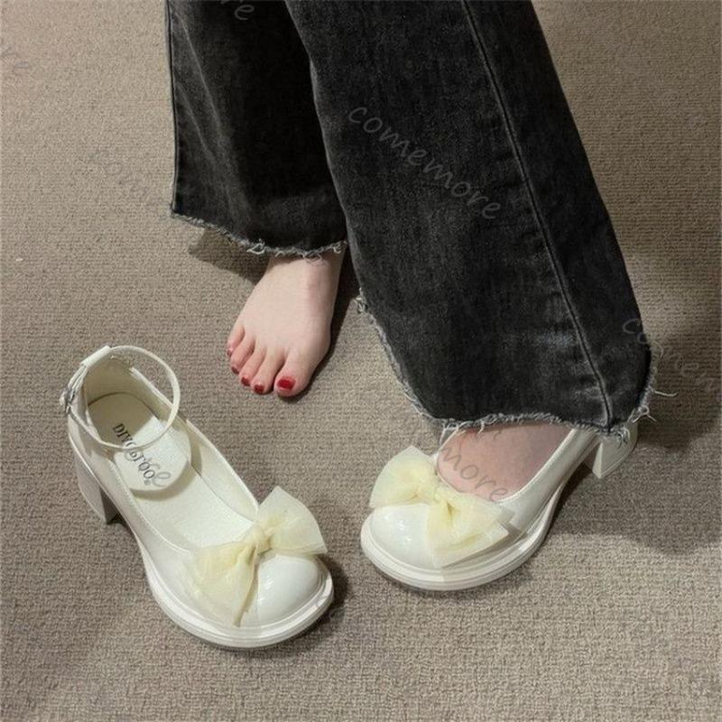 Fashion Comemore Chunky Heel Leather Mary Jane Shoes Spring and Autumn New Pumps Bow Retro High-heeled Shoes for Women Fashion Loafers