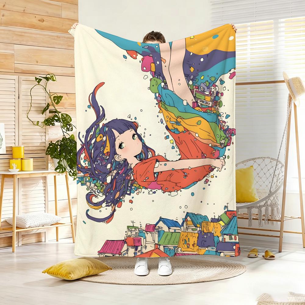 Music Dream Girl Watercolor Girl Throw Lightweight 240g Flannel Blanket Soft Skin-friendly for Summer Cooling