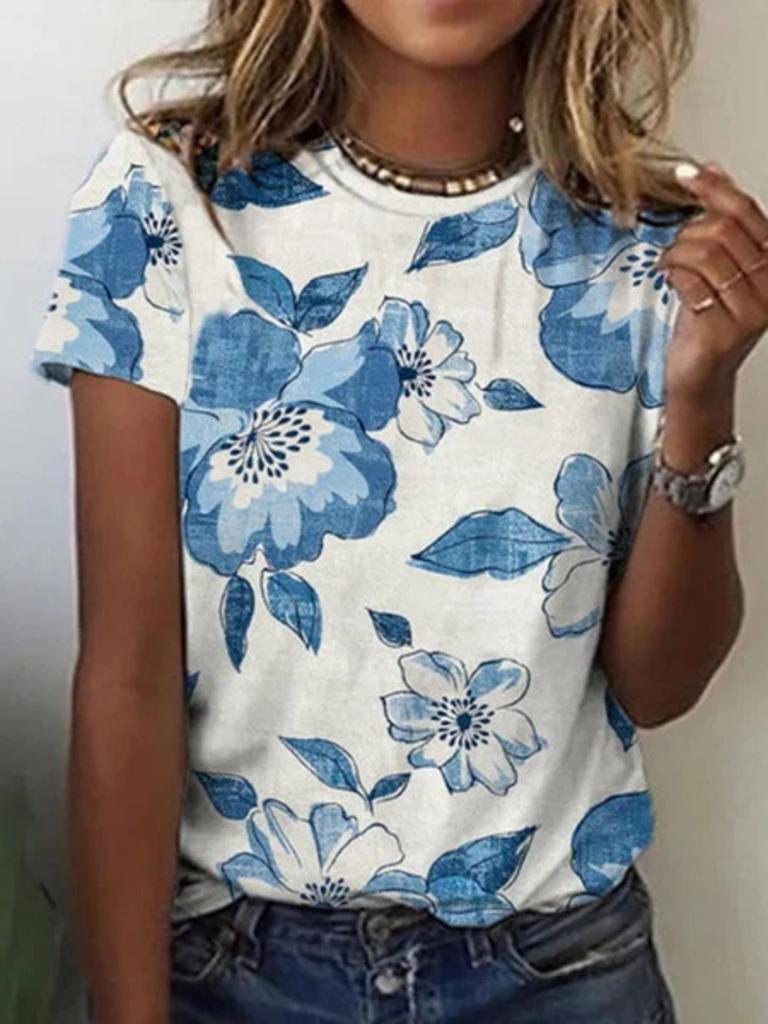Летняя женская уличная модная футболка с цветочным принтом 3D с коротким рукавом, повседневная универсальная свободная футболка с круглым вырезом, женская одежда