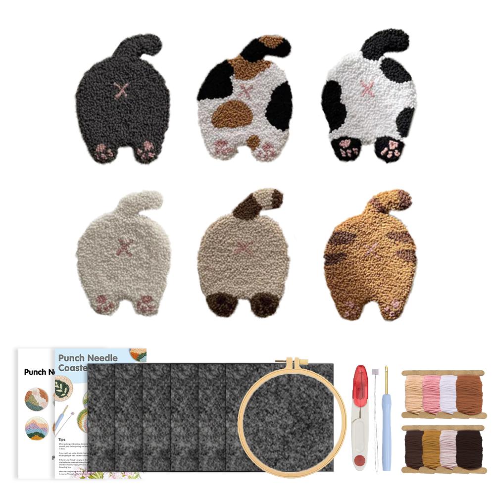 GATYZTORY 6pcs/Set Punch Needle Coaster Kit Cat Animal Punch Needle Embroidery Kit for Beginners Adult Kids Gift Home Decor