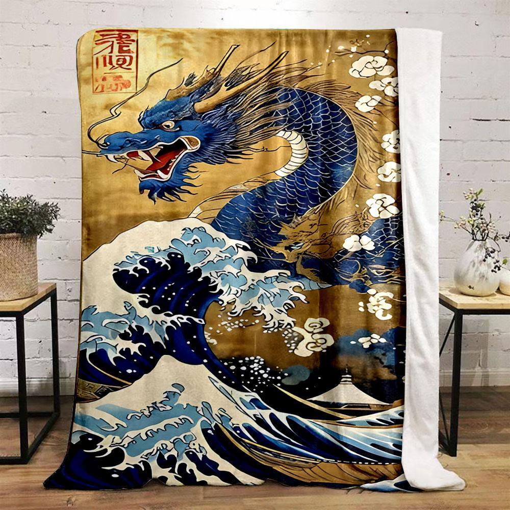 "Majestic Blue Dragon Over Waves" Patterned flannel blanket perfect for the bedroom living room, sofa, or a little nap