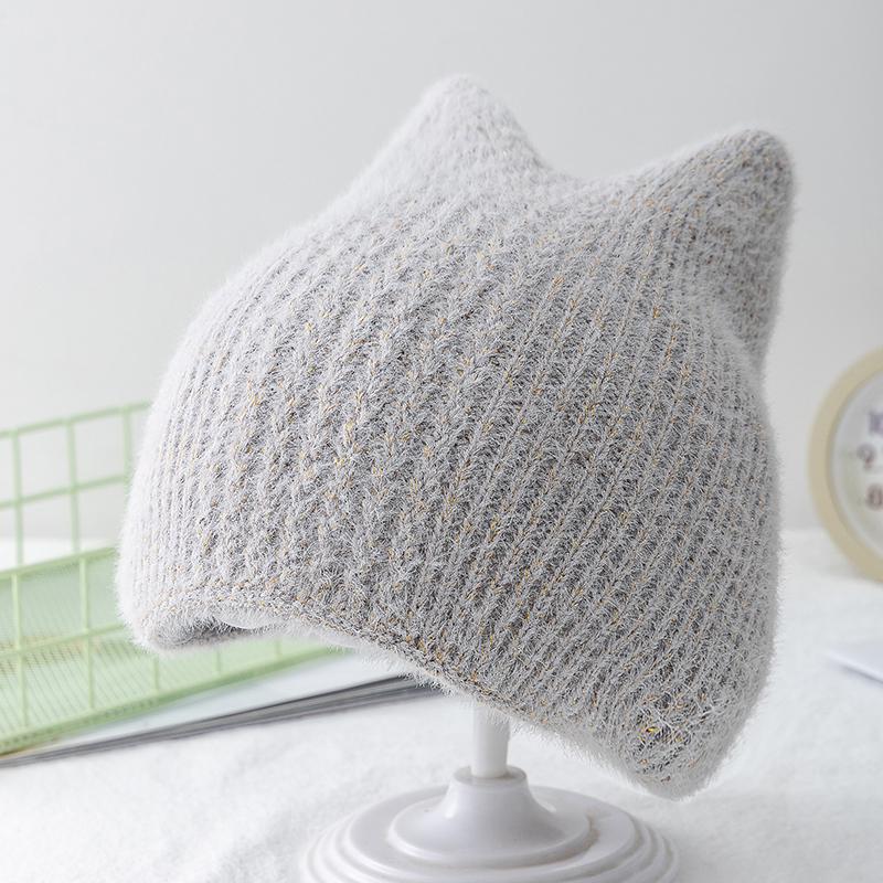 New Women Cute Cat Ear Winter Hat Double-layer Rabbit Fur Hat Stylish Soft Beanie Hat For Women Warm Grils Knitted Cap