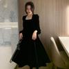 Spring Dress, Women's French Retro Long Dress, Elegant Long Sleeved Square Neck, Gold Velvet Small Black Dress