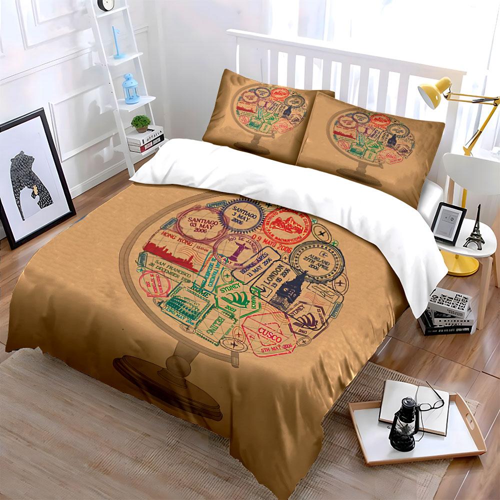 Travel Stamp Globe Design Bedding Duvet Cover Set Duvet Cover Pillowcases (1*Duvet Cover 2*Pillowcases, without duvet insert)
