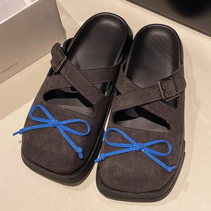 Fashion Bow Women Slippers Flats Designer Mules Shoes Square Toe Woman Sandals 2025 Walking Flip Flops Summer Walking Chaussures Femme