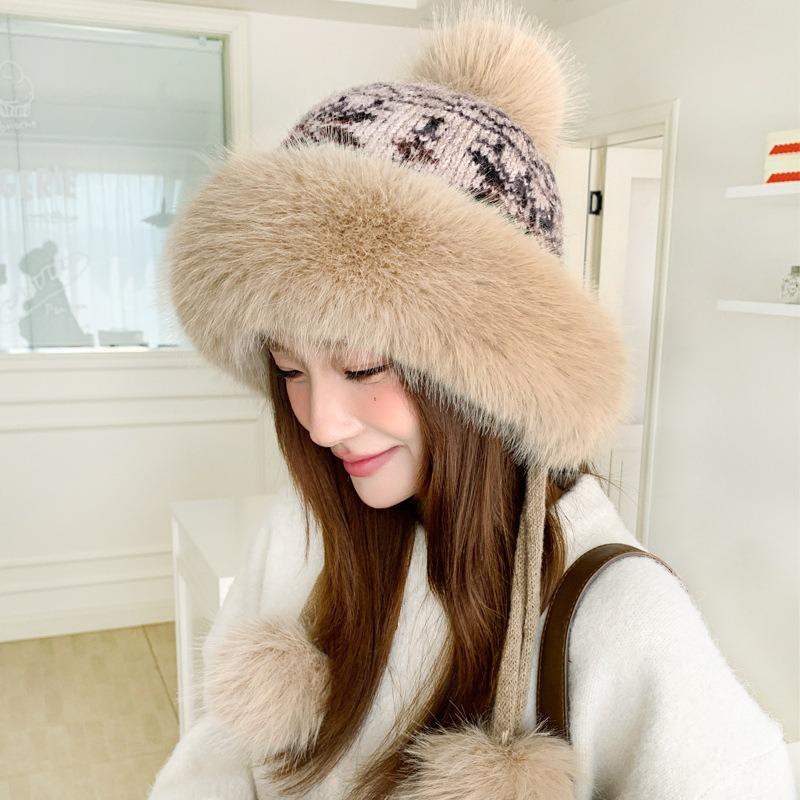 Women S Large Head Winter Warm Plush Hat With Pom Pom Ear Flap Casual