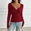 Женский Y2K Топ Облегающий На пуговицах V-образный вырез С длинным рукавом Вязаная футболка