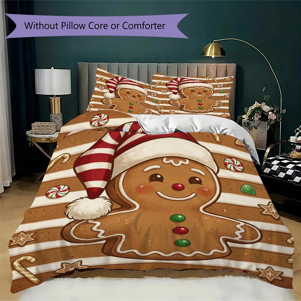 Gingerbread Treat Pattern Bedding uilt Set uilt Cover Pillowcase Home Decoration Birthday Gift (1 * duvet cover + 2 * pillowcase without core)_XIA