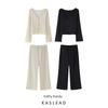 Kaslead New Women Clothes Western Style Fashion Texture Sense V-neck Long Sleeve Top Loose Straight Pants Set