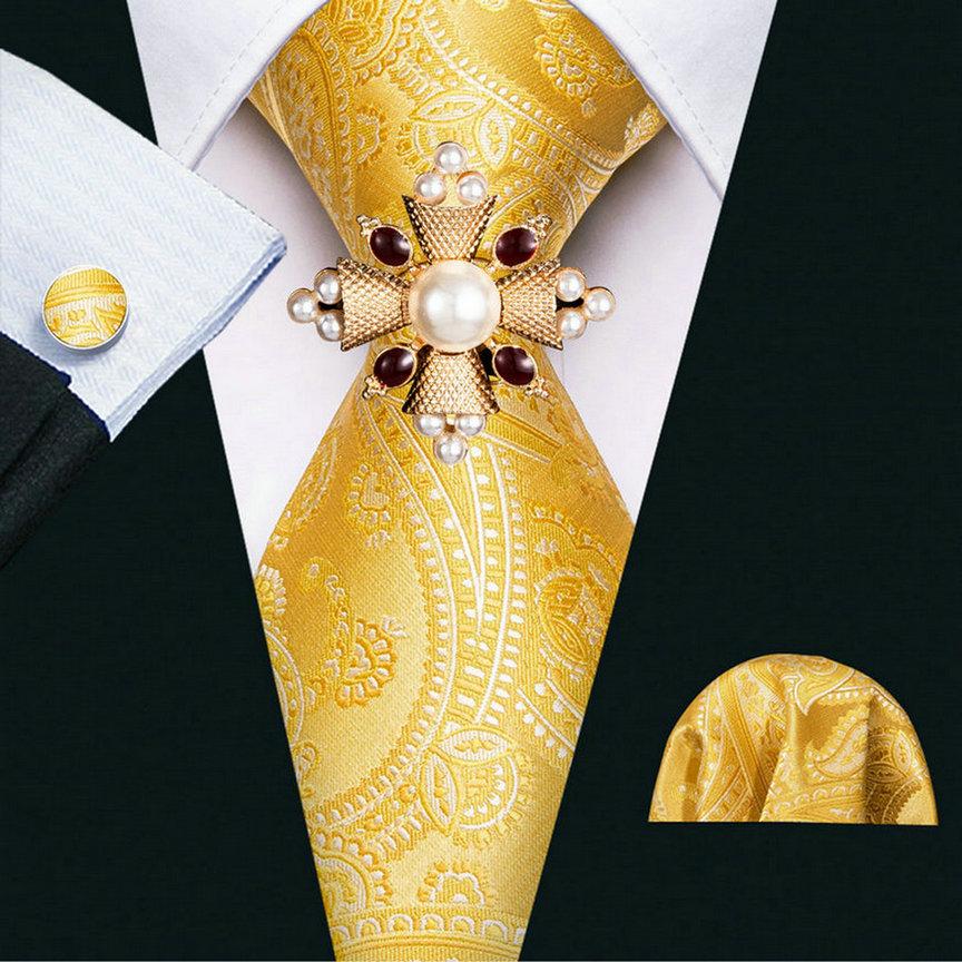 16 стилей галстука для мужчин, тканый галстук с узором пейсли и жемчужной брошью, носовой платок, запонки, комплект, свадебный формальный комплект