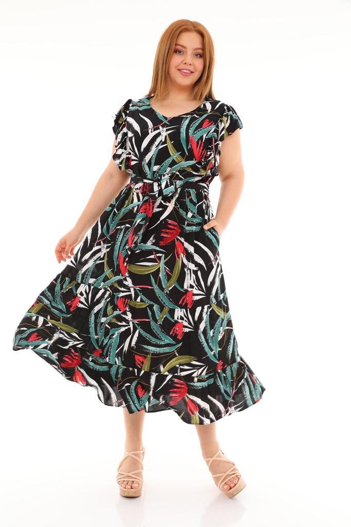 Женское платье большого размера, длинное вискозное платье с воланами, рукавами и круглым вырезом, поясом и цветочным узором