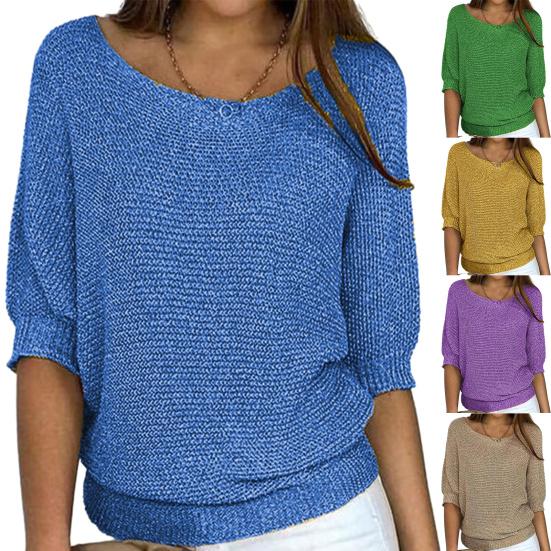 Женский осенне-зимний однотонный вязаный свитер с круглым вырезом и рукавами 3/4, свободный пуловер, топы, трикотаж