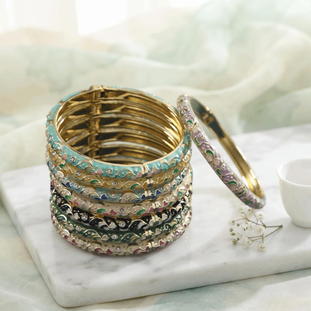 Gold Tone Enamel Bangle Retro Style Cloisonne Bracelet Flower Enamel Bangle Classic Style