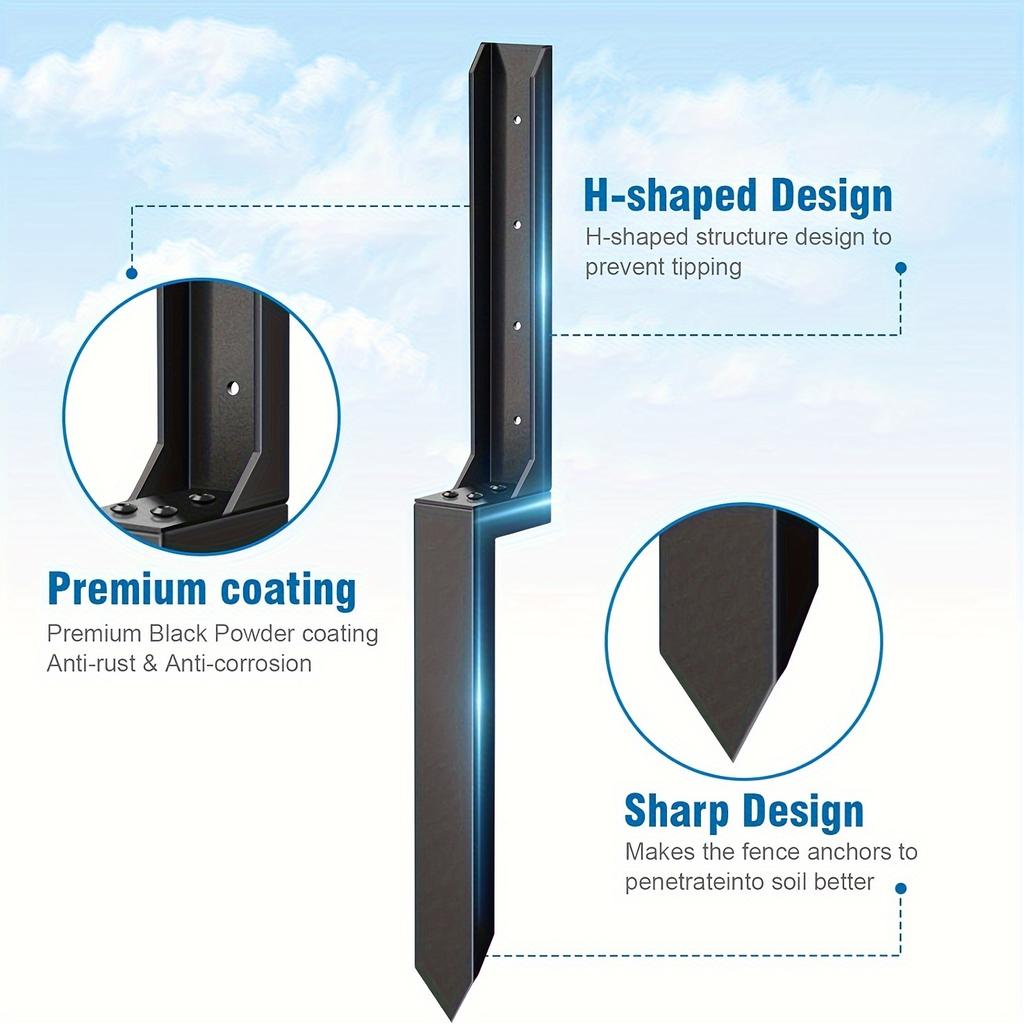 1/2 шт. Сверхпрочный стальной комплект для ремонта столбов забора с грунтовыми анкерами - Черный, Идеально подходит для деревянных и металлических заборов, Комплект для ремонта столбов