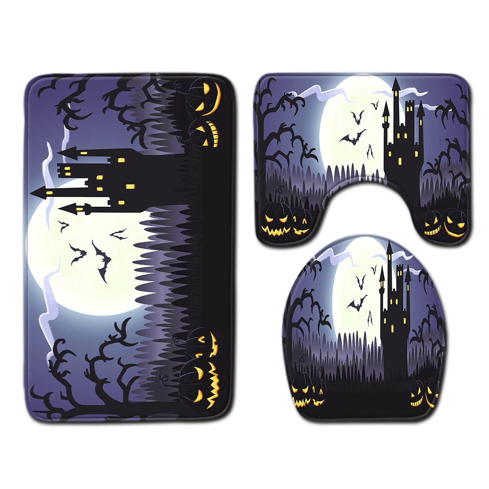 Halloween Shower Curtain Floor Mat Combination Four-Piece Set Bathroom Toilet Carpet Shower Room Foot Mat