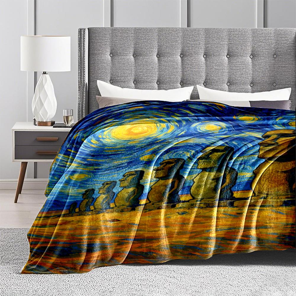 Colorful Abstract blanket with Moai Statues and Starry Sky Design blanket, suitable for use in the bedroom, living room, on the sofa