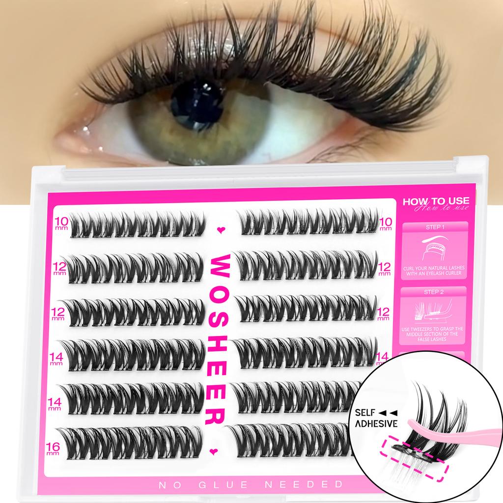 WOSHEER Самоклеящиеся пучки ресниц Готовые пучки ресниц Не требуют клея Ресницы Пушистые Наращивание ресниц Индивидуальные ресницы