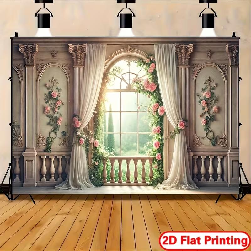 2D European Garden Balcony Backdrop Pink Roses Photo Booth Banner