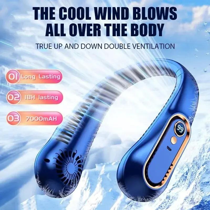1PC Neck Bladeless Fan Mini Ultra Long Life Portable Lazy Silent Fan Usb Charging Student Sports Office Digital Display Power 5 Gear