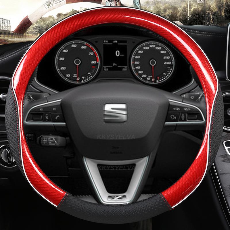 Carbon Fiber+Leather Car Steering Wheel Cover Non-Slip 38cm For Seat Tarraco Arona Ateca Ibiza Toledo Mii Leon Arosa Exeo ST FR