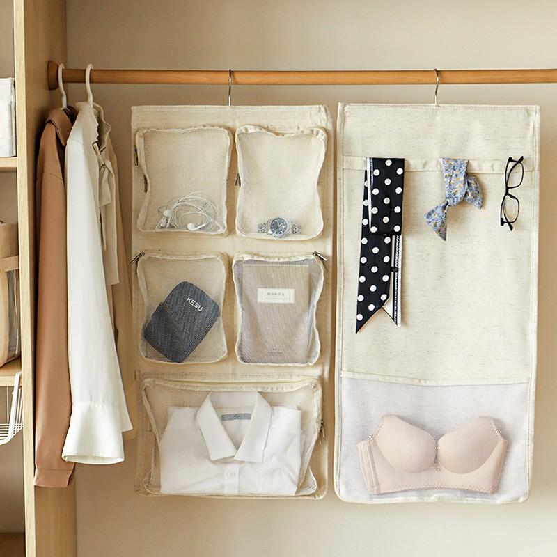 Cotton Linen Double-Sided Hanging Organizer Underwear Socks Bras Storage In Closet Bedroom