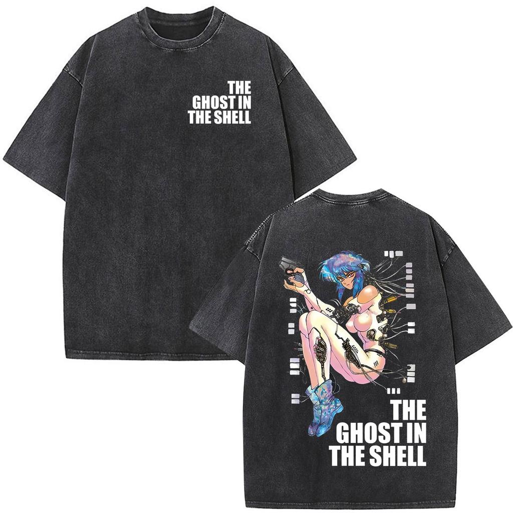 Винтажные стираные аниме-футболки Ghost in The Shell Мотоко Кусанаги для мужчин и женщин, модная одежда, панк, оверсайз, с коротким рукавом
