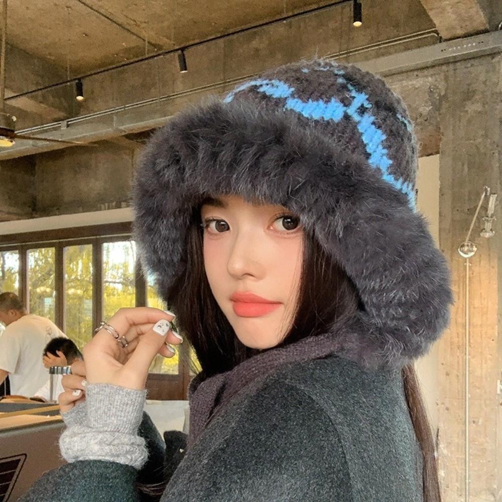 Windproof Faux Fur Lei Feng Hat Ethnic Style Pullover Beanie Hat Knitted Plush Hat  Autumn Winter