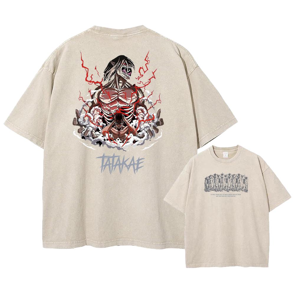 Футболка с принтом «Атака титанов» в стиле аниме, кислотная стирка, короткие рукава, уличные топы, винтажные футболки больших размеров для мужчин в стиле манга