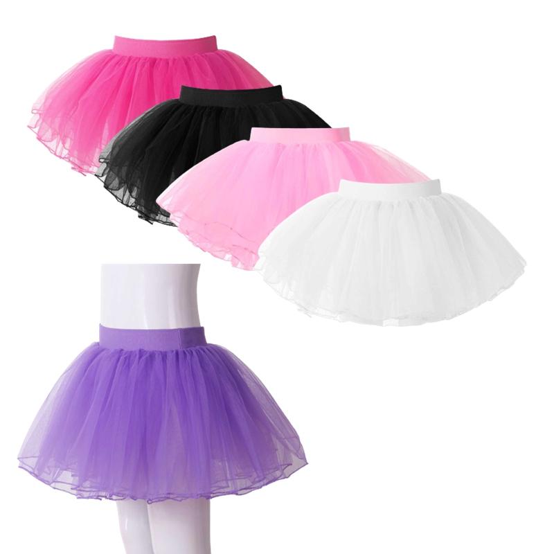 Mesh Tutu Skirt Girls Kids 4 Layer Solid Color Elastic Waist Princess Ballet Dance Skirt