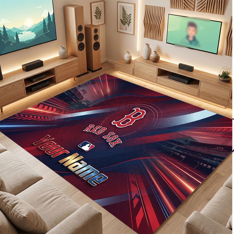 Boston Red Sox Personalized Crystal Velvet Carpet, Customized Name Text Soft Anti‑Slip Rug for Living Room Bedroom