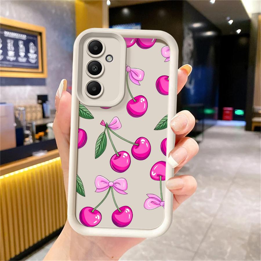 Мультяшный фиолетовый чехол-накладка с вишнями для Samsung Galaxy A16 A71 A72 A12 A13 A26 A32 A23 A56 A15 A35 A36 A53 A54 A51 A73 A34