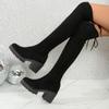 Fashion Women Boots Winter Black Over The Knee Boots New Comfort Lace Up Chunky High Heels Shoes Fashion Warm Round Toe Long Tube Boots