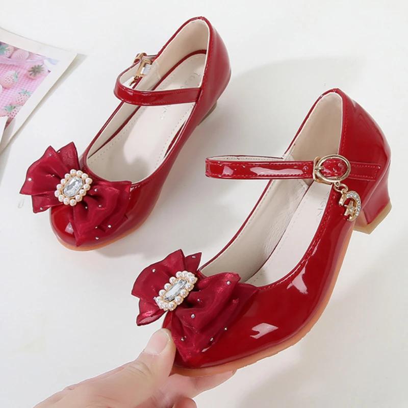 2024 Sweet Girls Party Shoes Elegant Bowknot Kids Princess Glossy PU Leather Shoes for Wedding Party Fashion Children High Heels