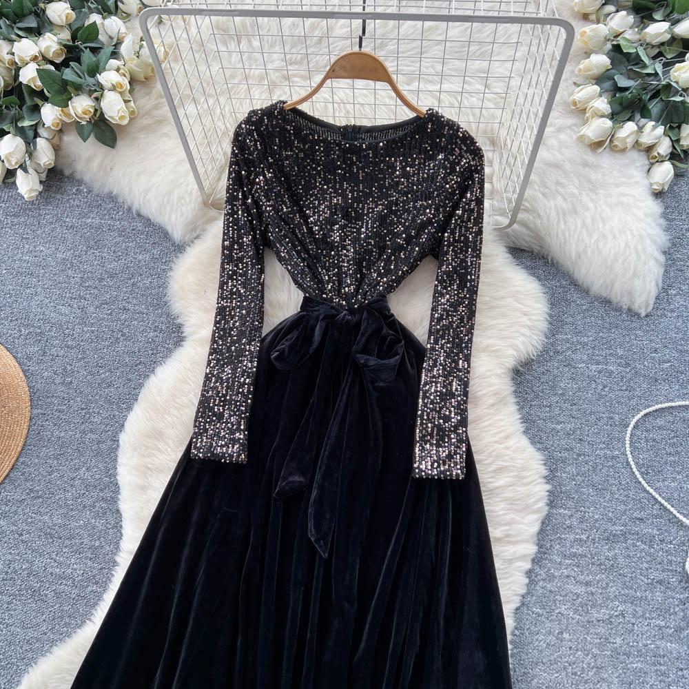 Шикарный Винтажный Велюровый Элегантный Наряд Феи с Длинным Рукавом Корейская Мода Осенняя Мода Платья Женская Одежда