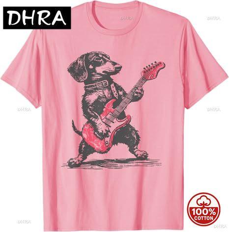 Vintage Dachshund Weenie Playing Guitar Tshirt Dog Unisex Cotton Music Lover Y2k Graphic Outfit Funny Rock Hip Hop Streetwear