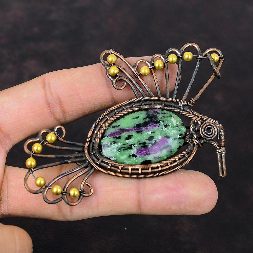 Ruby Zoisite Pendant Copper Wire Wrapped Pendant Ruby Zoisite Jewelry Gemstone Pendant Handmade Bird Pendant For Gift Antique Copper Jewelry