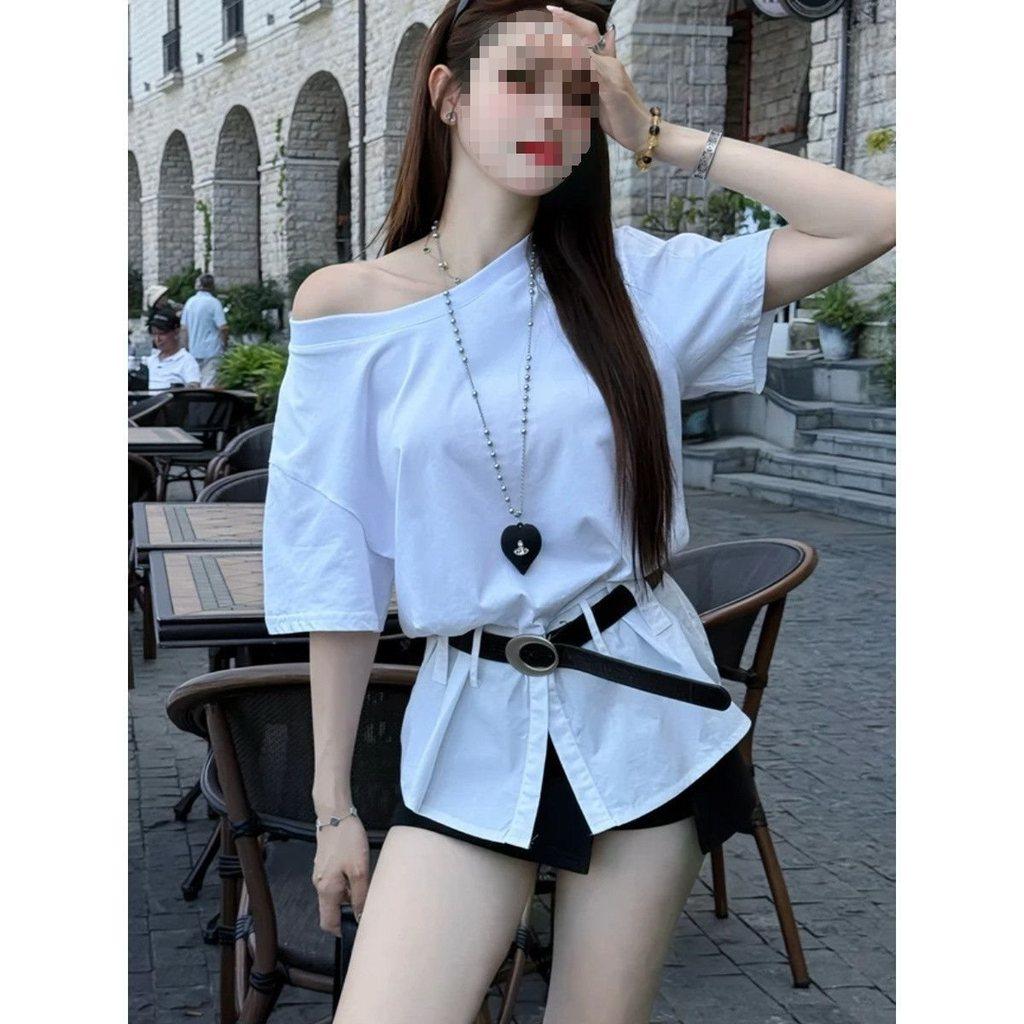 Summer Fashion Offshoulder Spliced Ruffled Waist Tshirt For Women
