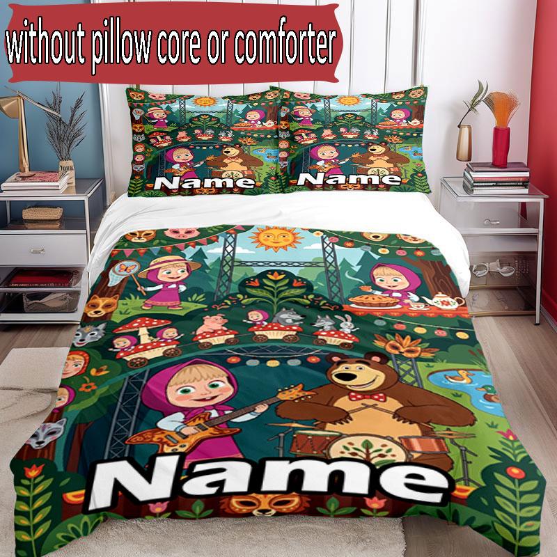3pcs Duvet Cover Set (1*Duvet Cover + 2*Pillowcase, Without Core), Custom Name Masha and the Bear Pattern Bedding Set, Home Bedroom Decor Gift