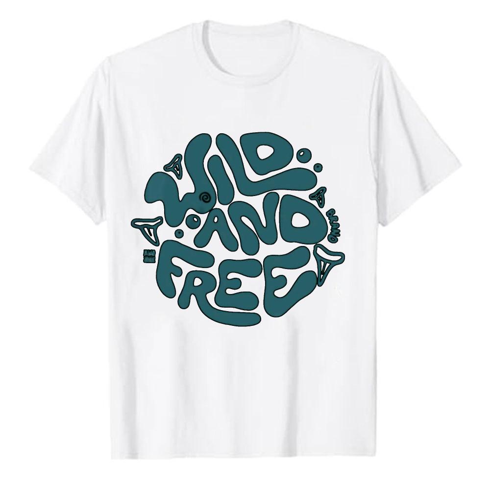 Wild and Free Round Bubble Font Graffiti Print Tshirt Unisex Black Basic Cotton Tees Fit Bohemian Casual Outdoor Fashion Tops