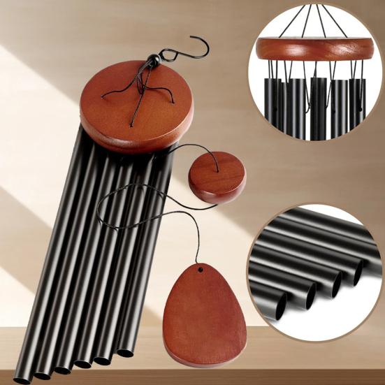25-Inch Wooden Wind Chime with 6 Aluminum Tubes S-shaped Hook Natural Soothing Melody Garden Patio Outdoor Decoration Hanging Wind Bell Pendant