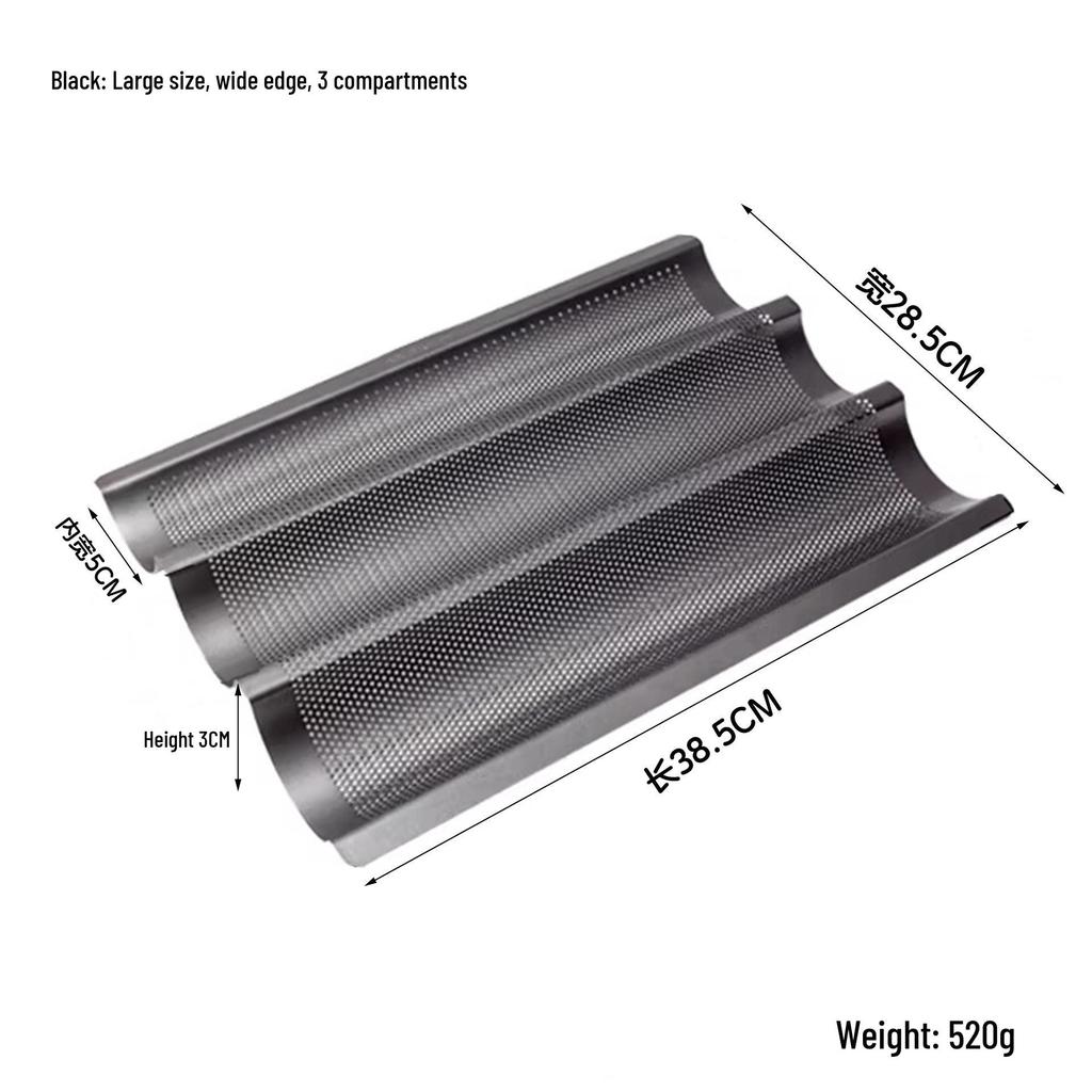 Golden Non-stick Baguette Baking Mold with Breathable Multi-hole Design and Rounded Corners.