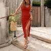 Women's Fashion Solid Colour Ribbed Drawstring Sleeveless Slit Dress