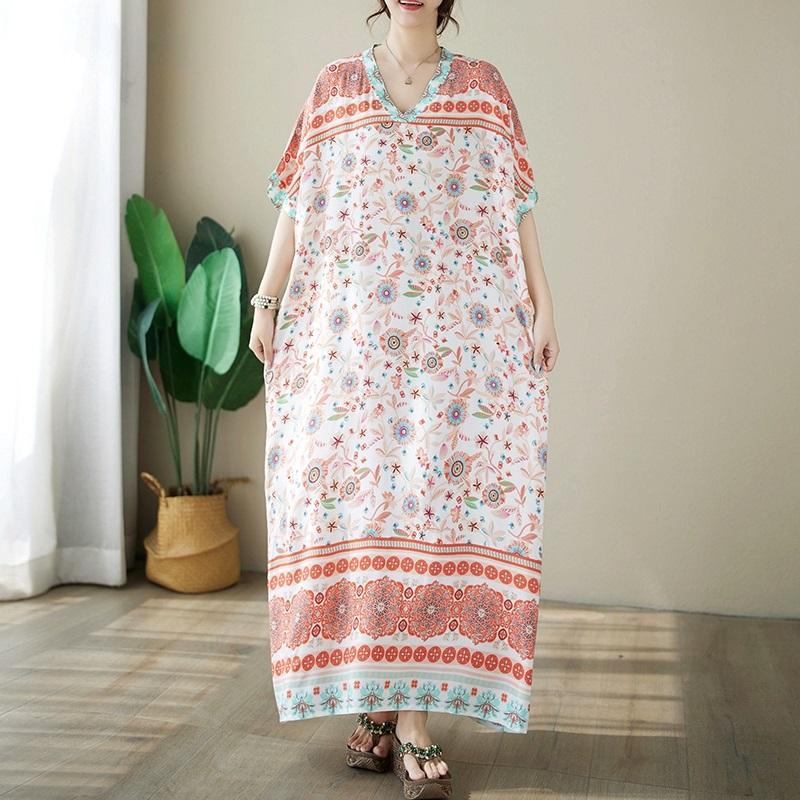 Новое хлопковое атласное платье с коротким рукавом больших размеров в винтажном стиле с цветочным принтом для женщин, повседневное свободное длинное летнее платье